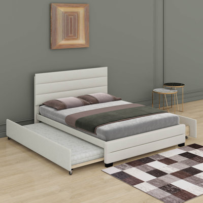 Grand lit plateforme tapissier avec lit gigogne et tiroirs