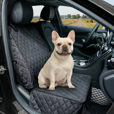 Paire de housses de siège avant imperméables pour automobile offrant une protection complète, housses de siège canines avec panneaux latéraux, protecteurs de chaise capitaine antidérapants et anti-rayures compatibles avec les voitures, les camions, les VUS et les jeeps, de couleur noire.