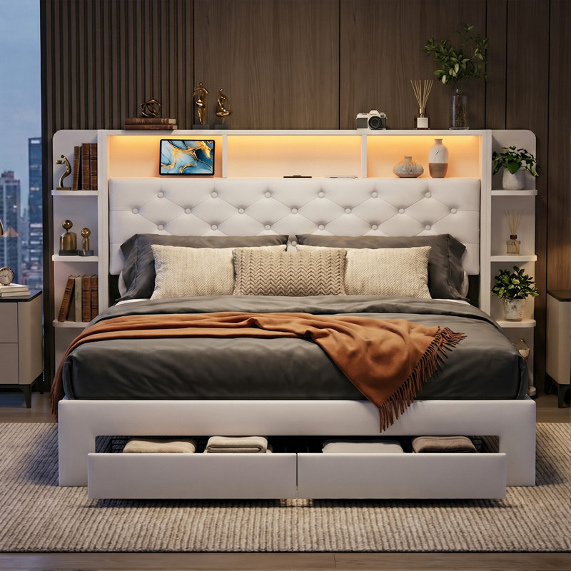 Smart LED White Velvet Upholstered Storage Bed With Bookcase Headboard & Charging Station (USB/Type-C), 140X200cm European Double / 160X200cm King, 2 Drawers Upholstered Frame