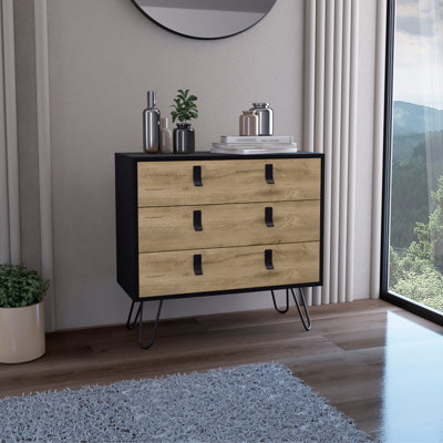 32" Natural and Black Three Drawer Dresser