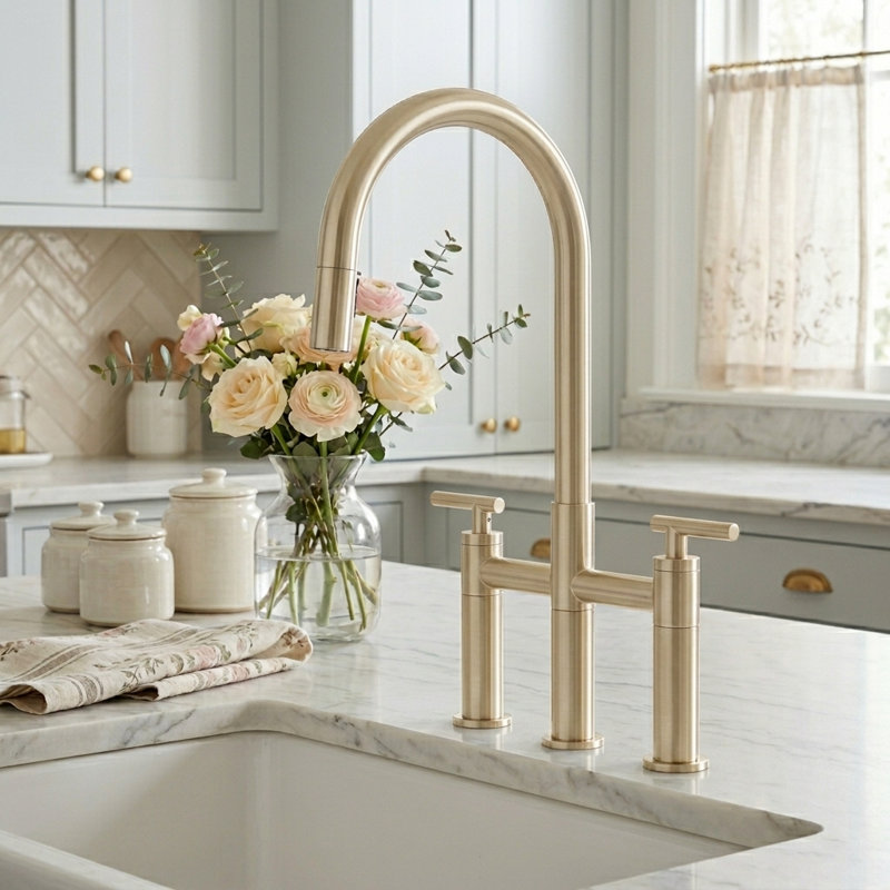 Bridge Kitchen Faucet with Hidden Pull Down Sprayer, Gold