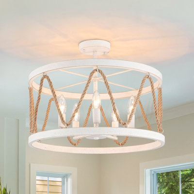 Chesmore 5 - Light 19.68"W Dimmable Hemp Rope Drum Semi Flush Mount Bohemian Round Ceiling Light Fixture for Dining Room, Living Room and Coastal Themed Dining Areas