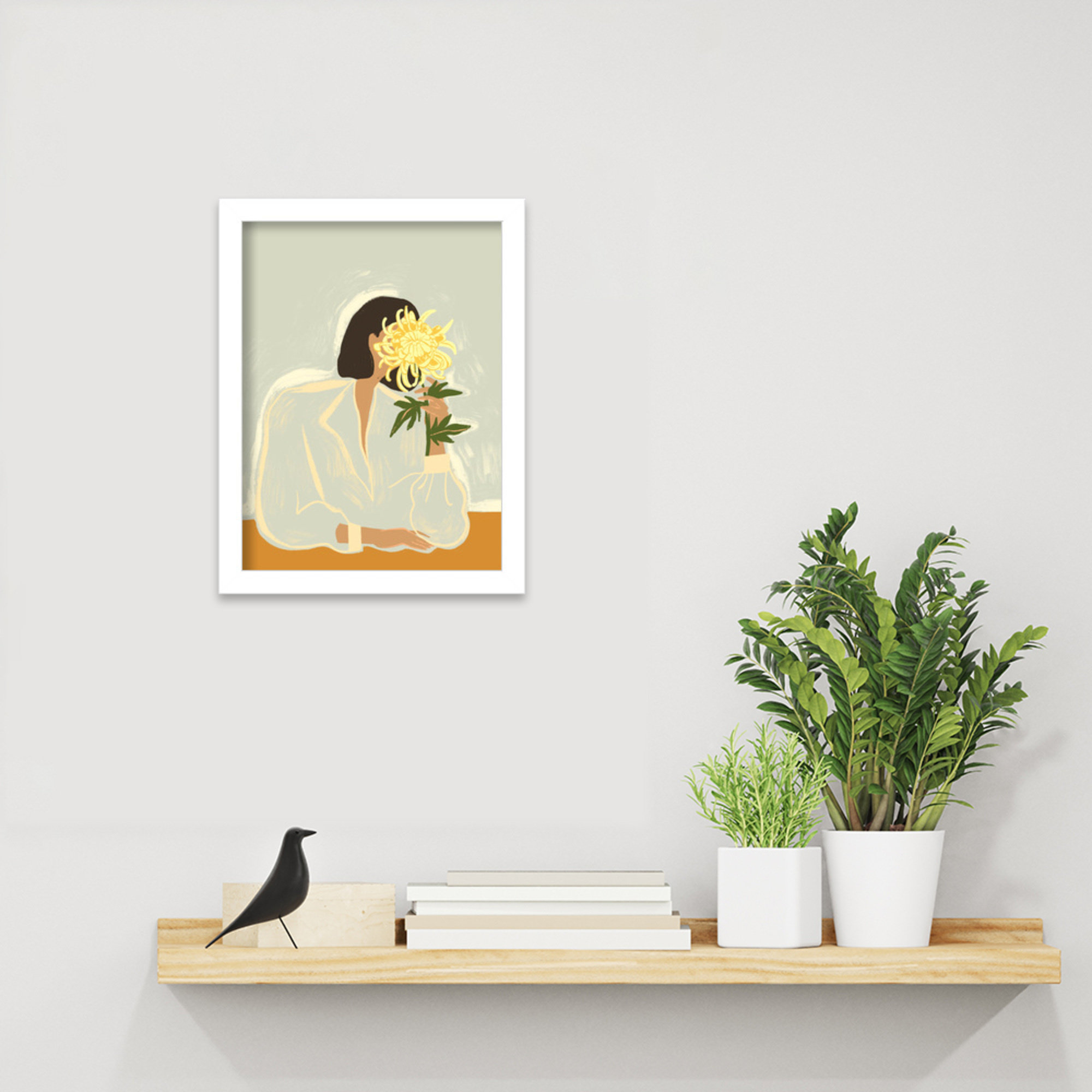 Lady With Chrysanthemum by Arty Guava Wood Framed Wall Art Print, White, 13" H x 10" W