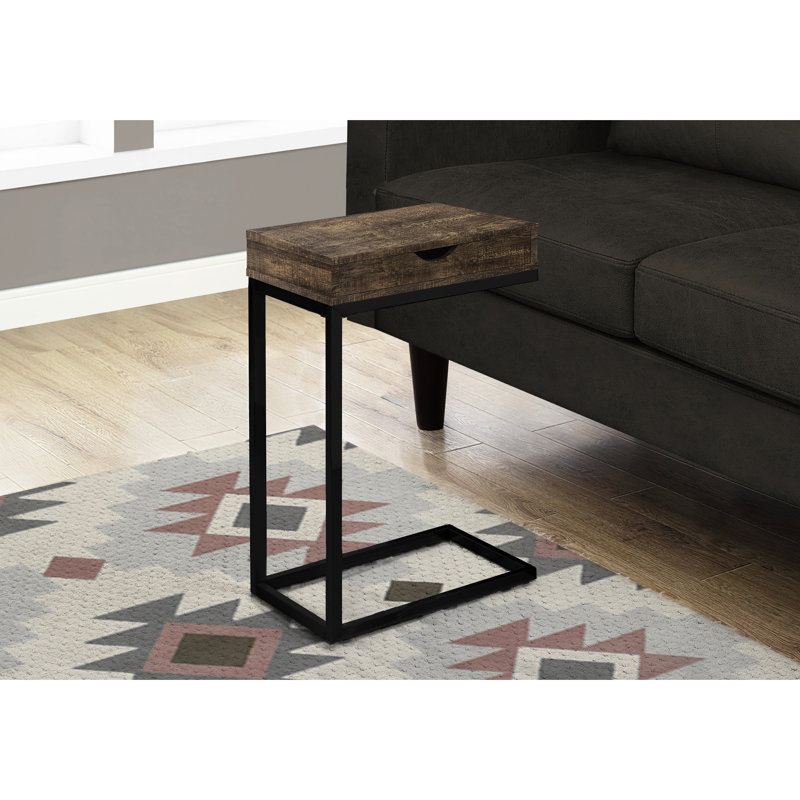 Table d'appoint de salon moderne avec rangement, stratifié brun et métal noir, tiroir de rangement pour collations, chambre