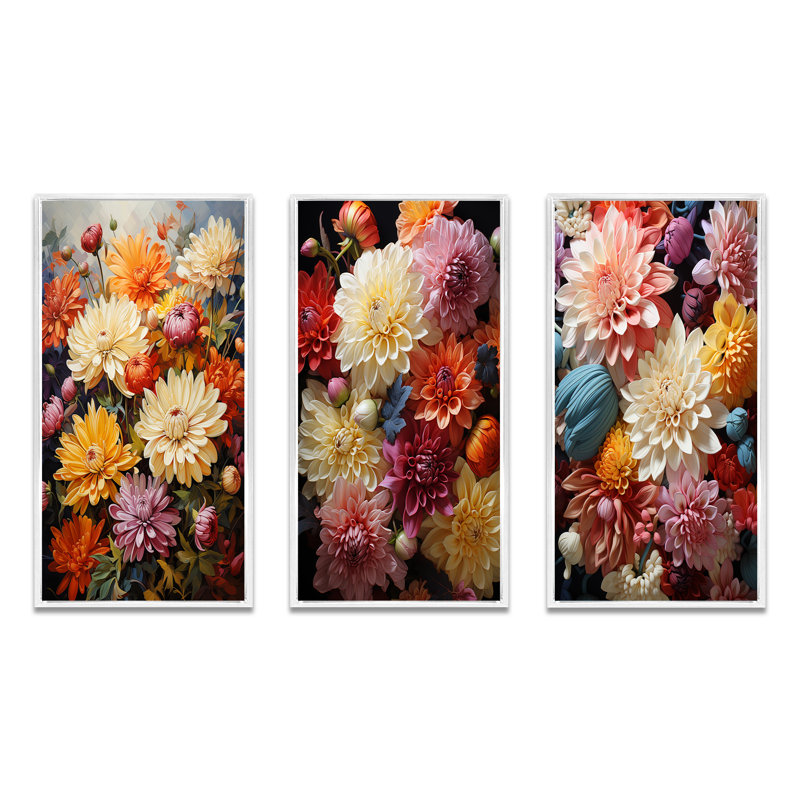 «Mums Mums In Bloom», 3 pièces sur toile, Cadre flottant blanc, H 40 po x l 60 po