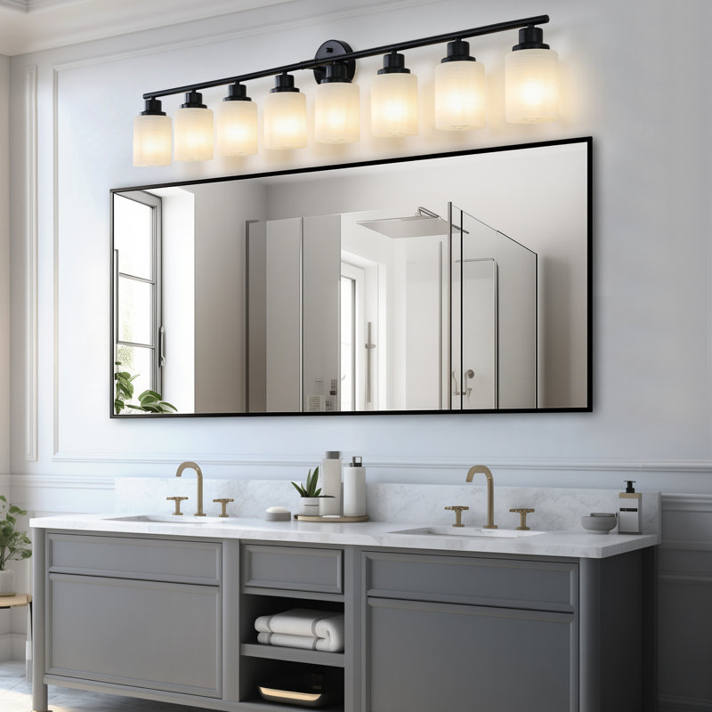 8- Applique murale de salle de bain avec verre blanc givré et cadre en fer noir, pour chambre à coucher, vestiaire, économie d'énergie, installation simple avec miroir moderne et fer, conservation, sélection