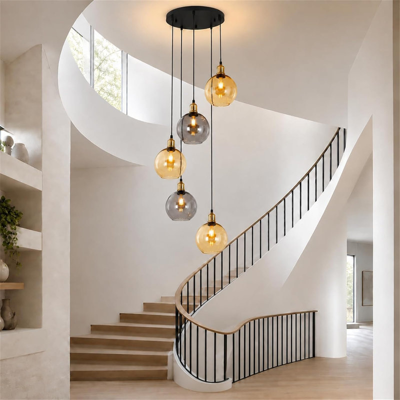 5‑Light E27 Sand Black Two‑Tone Glass Round Canopy Pendant