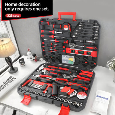 328‑Piece Household Hand Tool Kit, Carbon Steel General Repair Tool Set with Hammer, Pliers, Sockets, Drill Bits, Level & Hard Storage Case for Home DIY and Workshop Maintenance