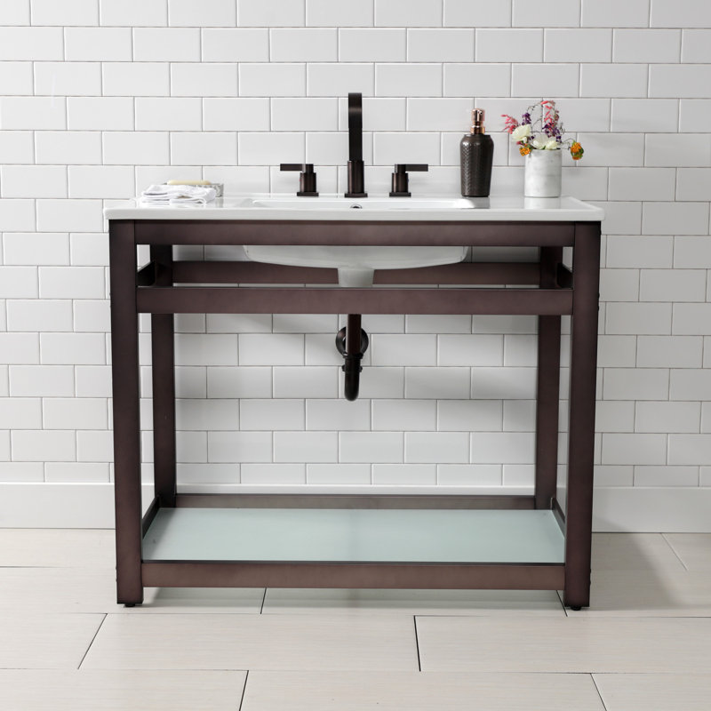 Lavabo de salle de bain rectangulaire en céramique avec trop-plein Quadras, Blanc / bronze huilé