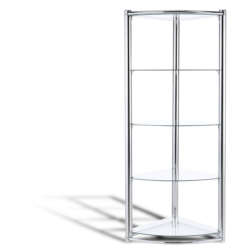 Étagère triangulaire en verre trempé, 5 tablettes pour les espaces de vie principaux, esthétique contemporaine, dossier ouvert, profondeur de 29,09 po et tablette avec des espaces spacieux, design minimaliste élégant, argent