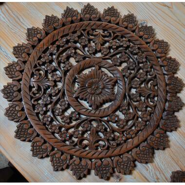 Teak wood carving panel with frame, wall decor, lotus flower pattern  handmade