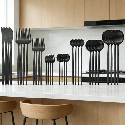 Ensemble de couverts 32 pièces en acier inoxydable 32 pièces pour 4 personnes, ensemble de coutellerie de qualité supérieure 18/8 avec fourchettes de table, couteaux, cuillères, fourchettes à salade, cuillères à café et cuillères à manche long, ustensiles durables à finition satinée