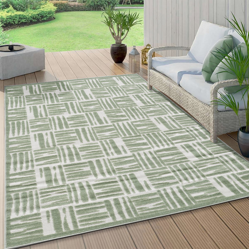 Tapis turc à motif écossais à poils longs d'extérieur écossais vert / crème pour patio, terrasse, porche ou entrée, Vert