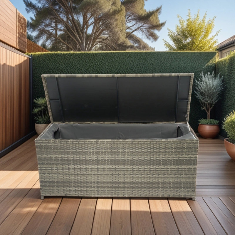 113 Gallon Patio Storage Box With Lid - Grey . Oversize For Deck, Garden, Porch. Removable Waterproof Inner Liner. Easy-Glide Hinges. Lightweight Material Large Capacity Garden Box: Gallon. , Rust