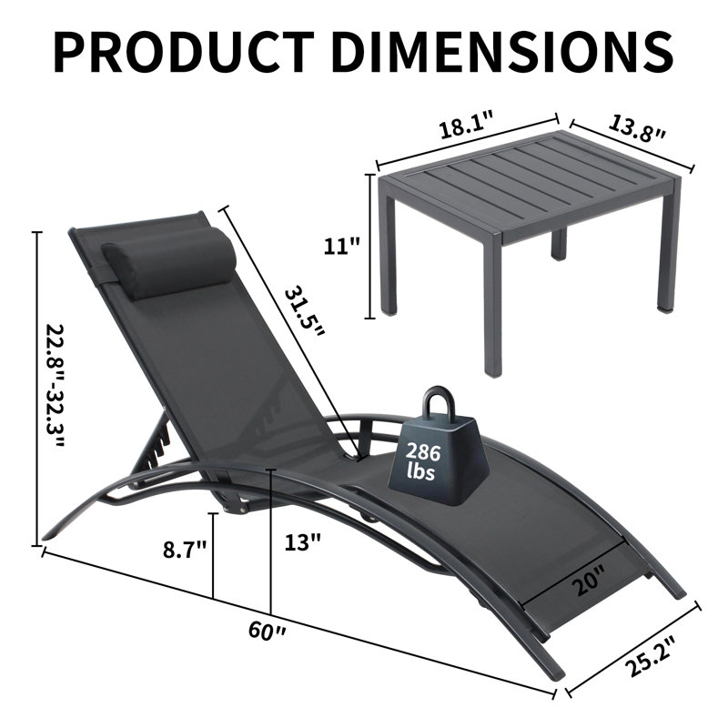 Raisah Outdoor Metal Chaise Lounge Set with Table, Black