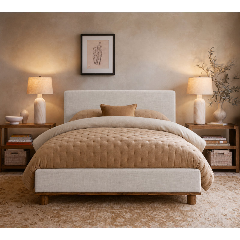 Lit plateforme tapissier Plaza, Grand lit, Lin blanc