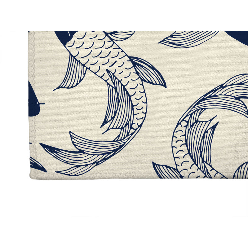 Tapis d'entrée intérieur mince, léger et antidérapant à motif de carpes koï, Deep Navy, L 24 po x L 36 po