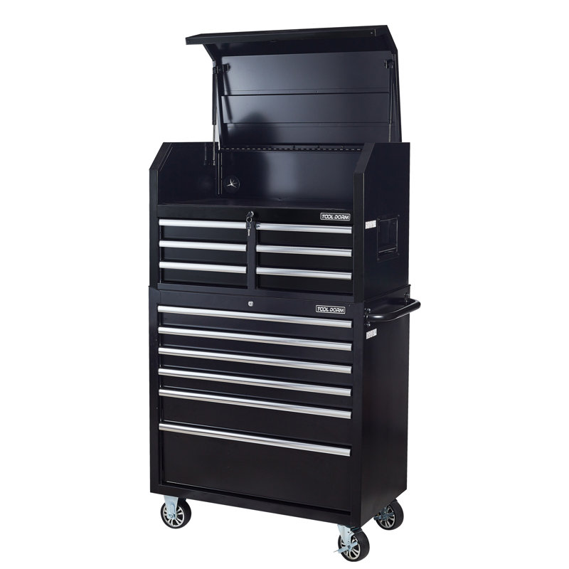Coffre à outils, armoire à outils avec plateau à outils amovible, roues verrouillables, glissières à roulement à billes, revêtement thermolaqué noir, chariot de rangement pour outils en métal, convient au garage, à l'entrepôt, à l'atelier