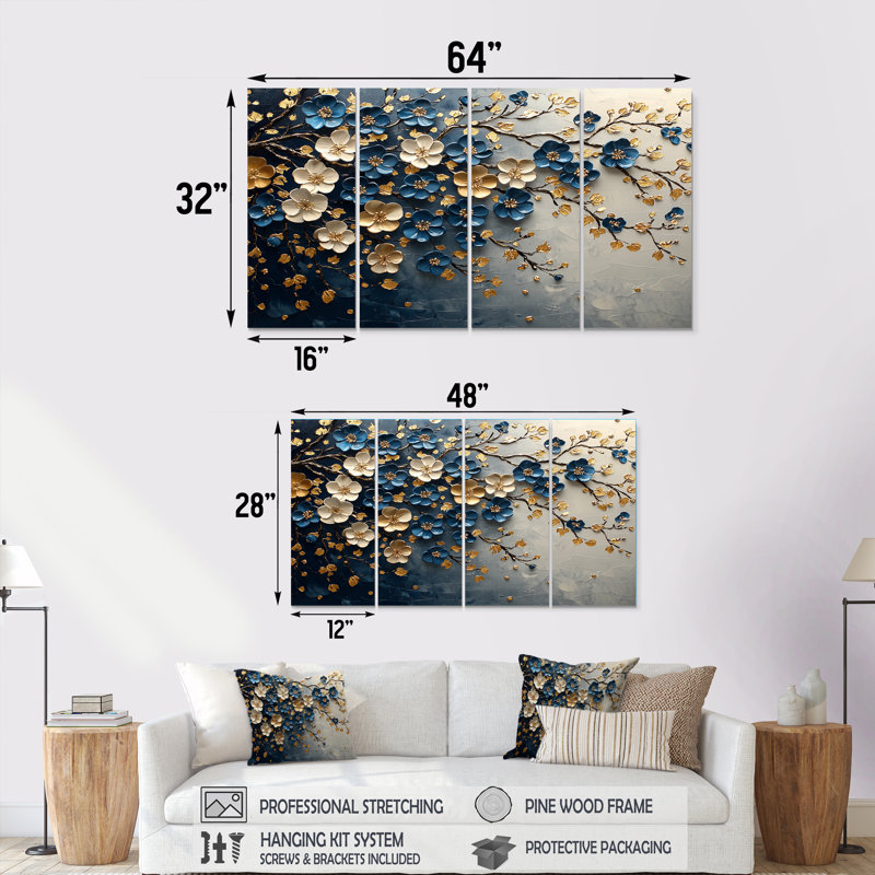 Ensemble de décorations murales cerisier bleu en or bleu II, H 32 po x l 64 po
