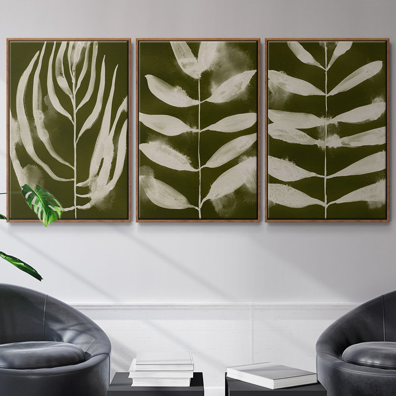 Organic Bloom IV, ensemble de 3 toiles encadrées, H 40 po x l 78 po, Noyer