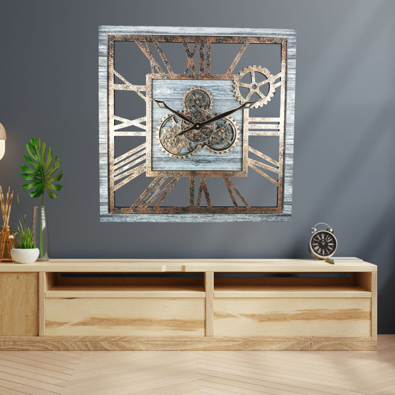 Wall Clock 24" Square Oversized for Living Room decor with Real Moving Gears America Collection, Silver