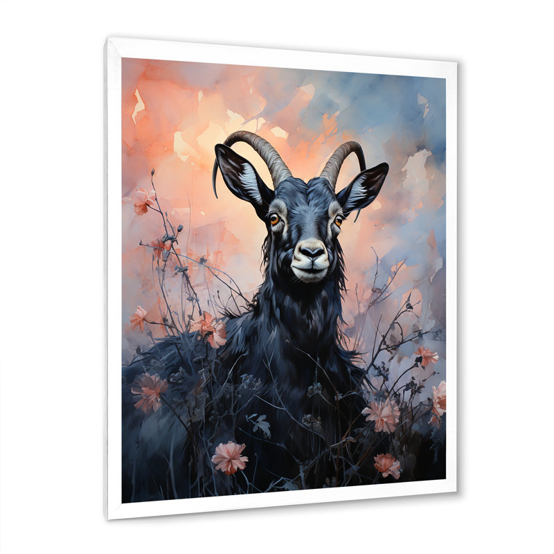 «Buck Goat Twilight Trek 3», art mural animal de chèvre, Cadre simple blanc, H 40 po x l 30 po x P 1,5 po