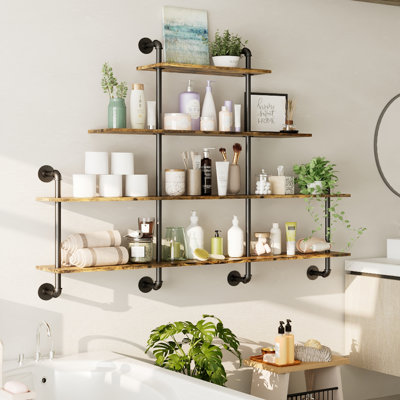  63 inch Industrial Pipe Shelving - 4 tier Rustic Solid Wood and Heavy Duty Metal Pipe Shelves for Wall,Kitchen Shelves Wall Mounted,Floating Bookshelf,Wall Shelves for Bathroom,Living Room,Coffee Bar