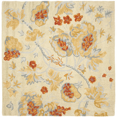 Emrick Hand Hooked Wool/Cotton/Latex Floral Rug in Beige