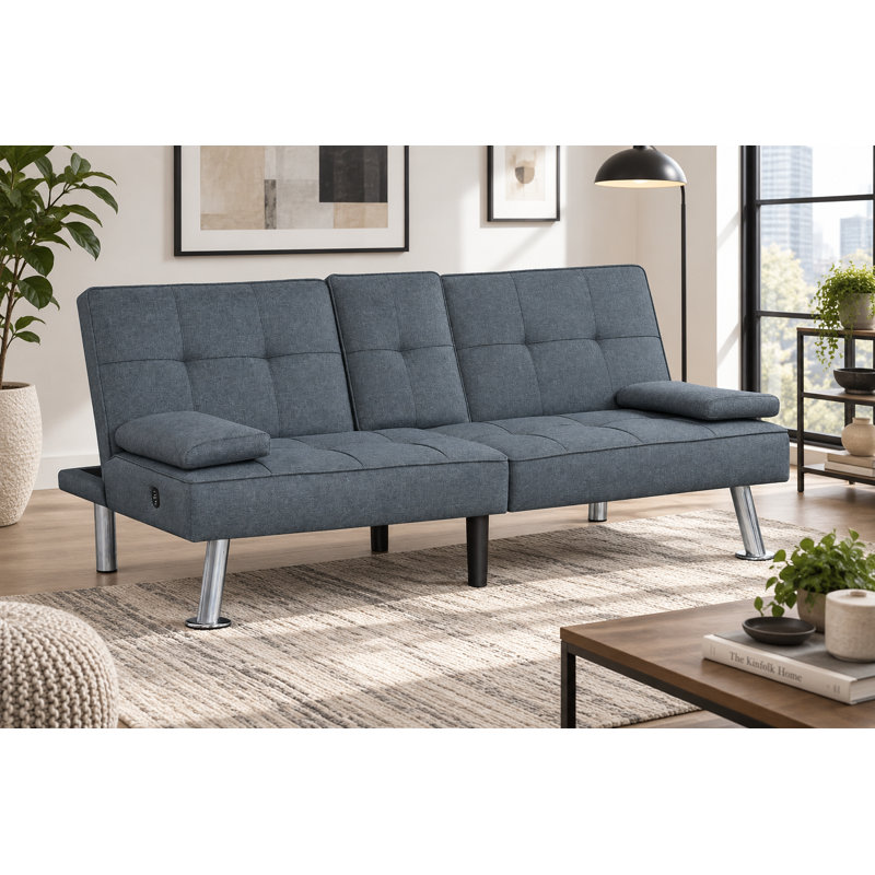 SoftHaus 65" Modern Gray Convertible Futon Sofa Bed with Fold-Down Console, USB Charging Ports and Cupholders