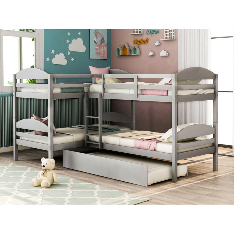 Lit simple superposé en forme de L avec lit gigogne, gris - Améliore la fonctionnalité de la chambre à coucher avec lit gigogne en bois de pin massif