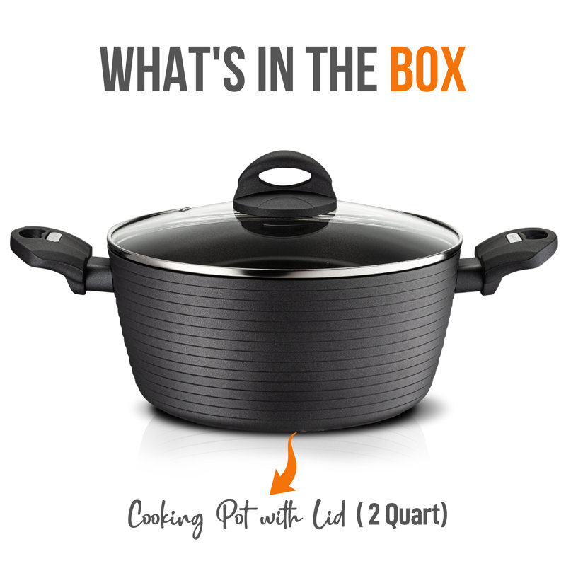Black Aluminum 2 Quart Cooking Pot with Tempered Glass Lid