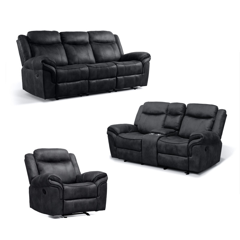 Ensemble de canapé inclinable et oscillant 3 pièces Caenas, 3 pièces: 1 canapé, 1 causeuse, 1 fauteuil, Noir