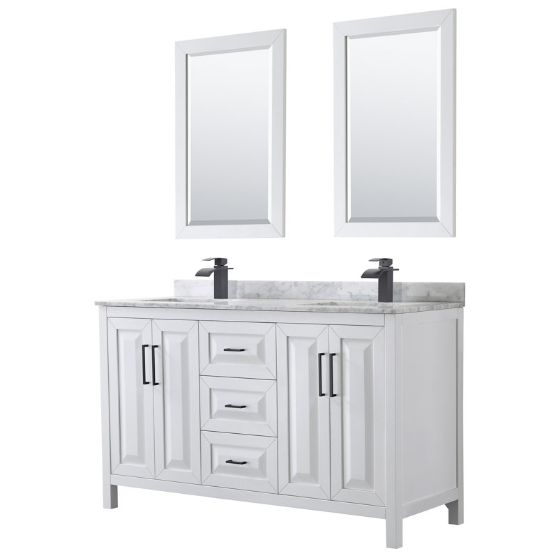 Ensemble de meuble-lavabo double 60 "avec miroir Daria, Blanc, Marbre de culture blanc, Or brossé