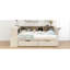 Lit plateforme simple en bois avec tablettes de rangement, tiroirs, station de charge et tête de lit tapissier, crème