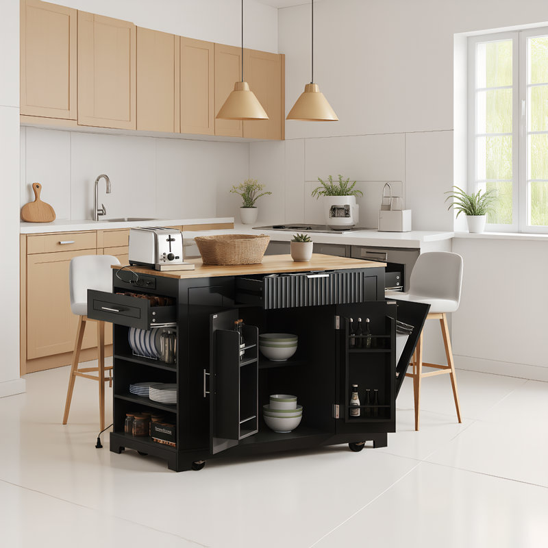 Black Recessed Kitchen Island, Movable With Wheels, Multi-Functional Storage, And Compatible With 10-Gallon Trash Cans For Added Practicality.