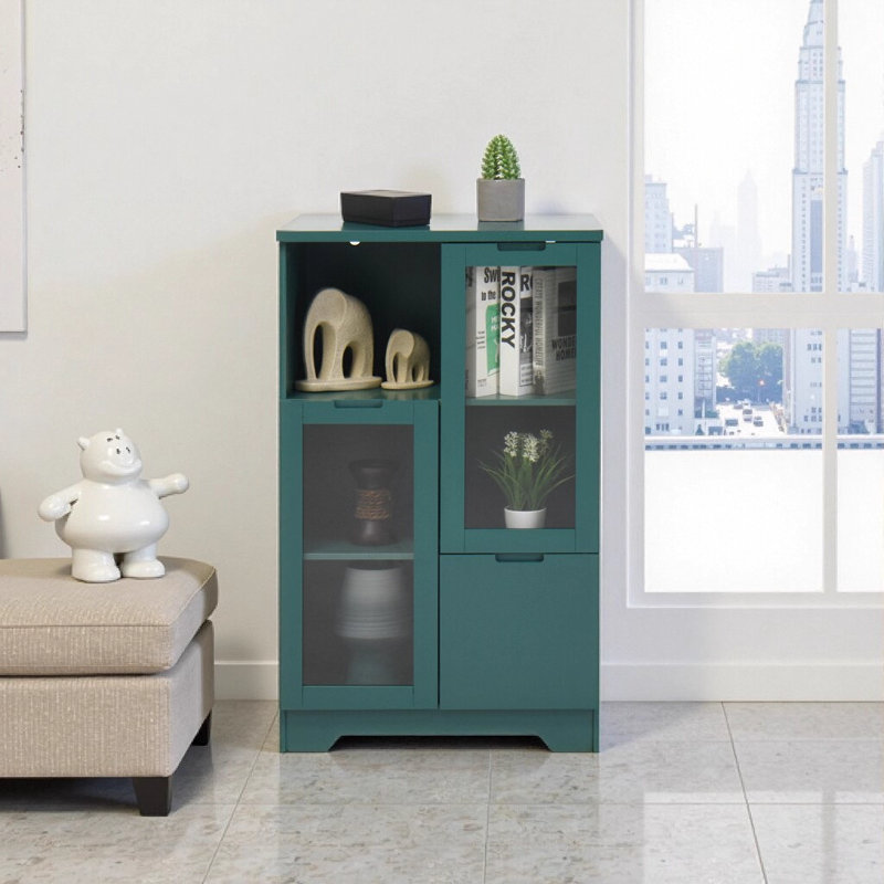 Modern Green MDF Storage Cabinet with Glass Doors and Drawer - Multipurpose Display Cabinet for Bedroom, Living Room, Office - 25.6" L x 11.8" W x 39.4" H