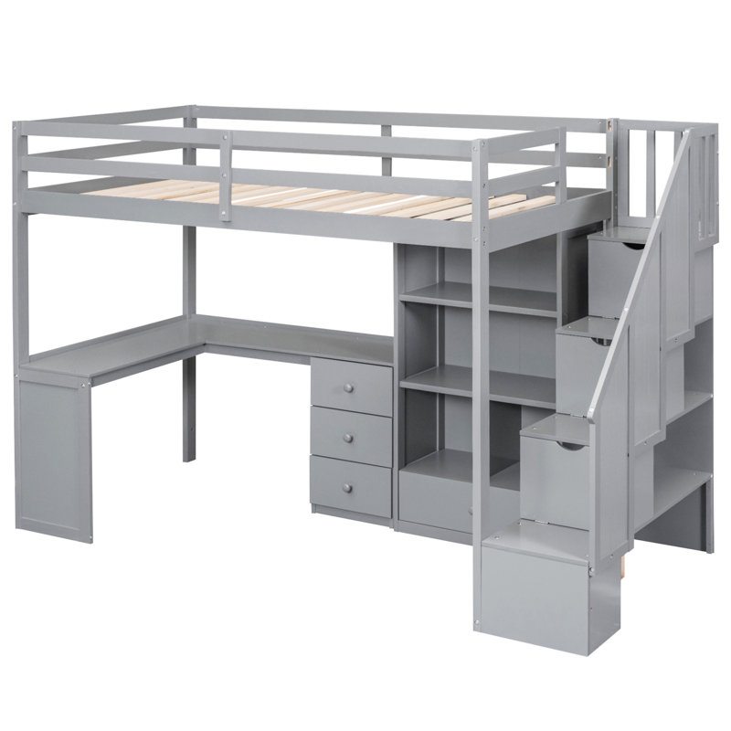 Lit mezzanine avec bureau en L et tiroirs, Gris, Lit simple