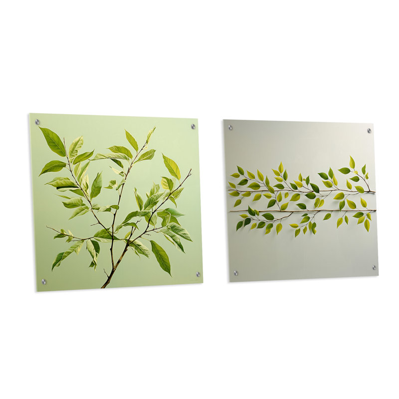«Green Ferm Simple Collage - Leaves», ensemble d'art mural en acrylique sur verre, H 16 po x l 33 po