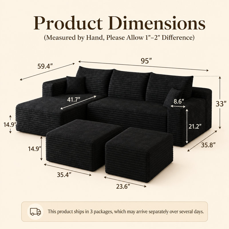 Canapé modulaire en velours côtelé de 135 po avec méridienne gauche et deux repose-pieds, Black Corduroy, Noir