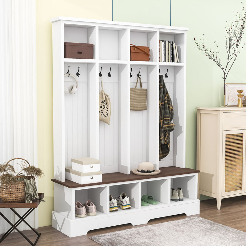 Farmhouse 3-in-1 Hall Tree Bench with Storage Compartments and Vintage Hooks for Entryway, White