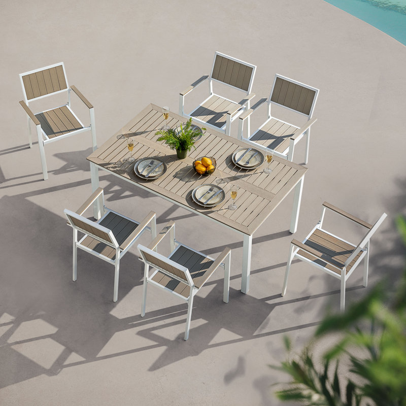 Patio Dining Set For 6 Faux Wood Outdoor Furniture With Umbrella Hole Patio Table Set With 6 Stackable Chairs For Outside Garden Yard Deck, Light Brown