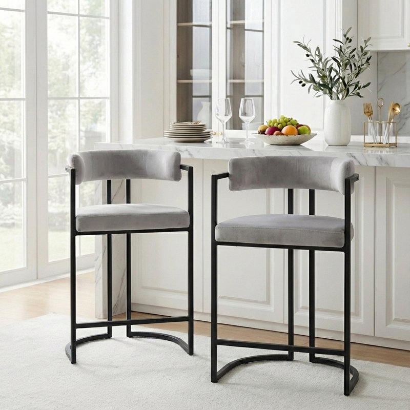 Tabouret Kojno, Siège gris / cadre noir, Tabouret de comptoir (siège d'une hauteur de 26 p