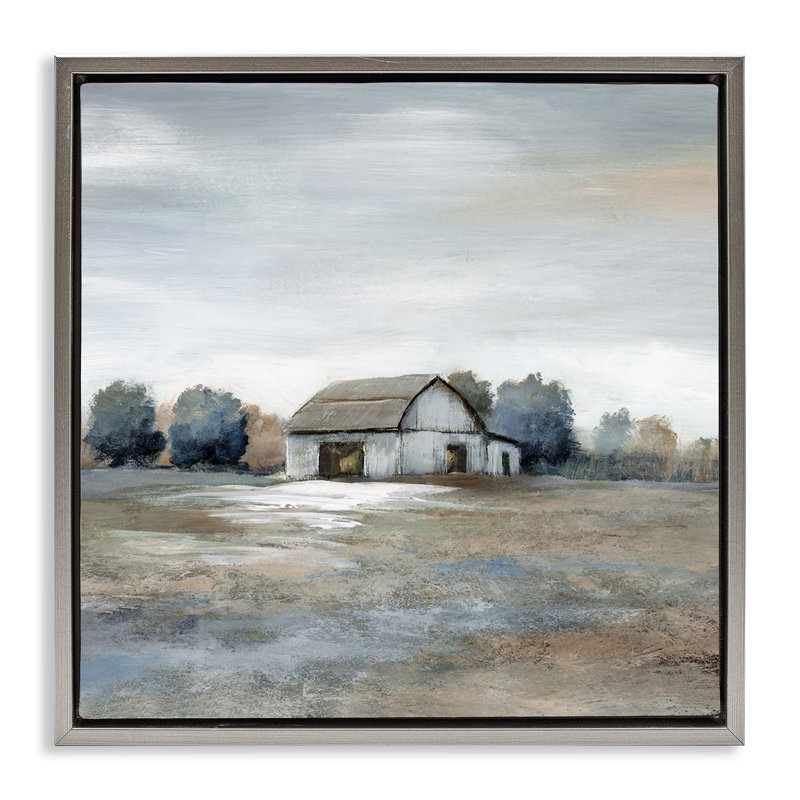 "Countryside Barn Neutral Tones", encadrée par Floater, Cadre flottant gris lustré, H 25 po x l 25 po