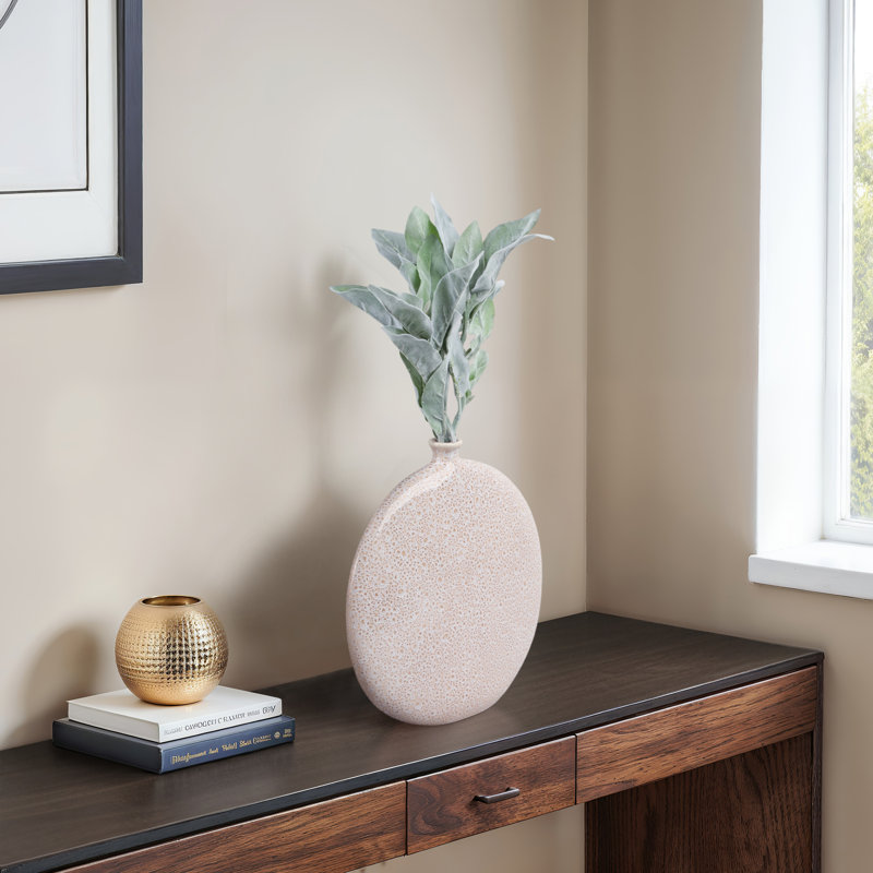 Earthenware Vase With Textured Surface And Modern Rounded Design, 12" H x 12" W x 3.25" D