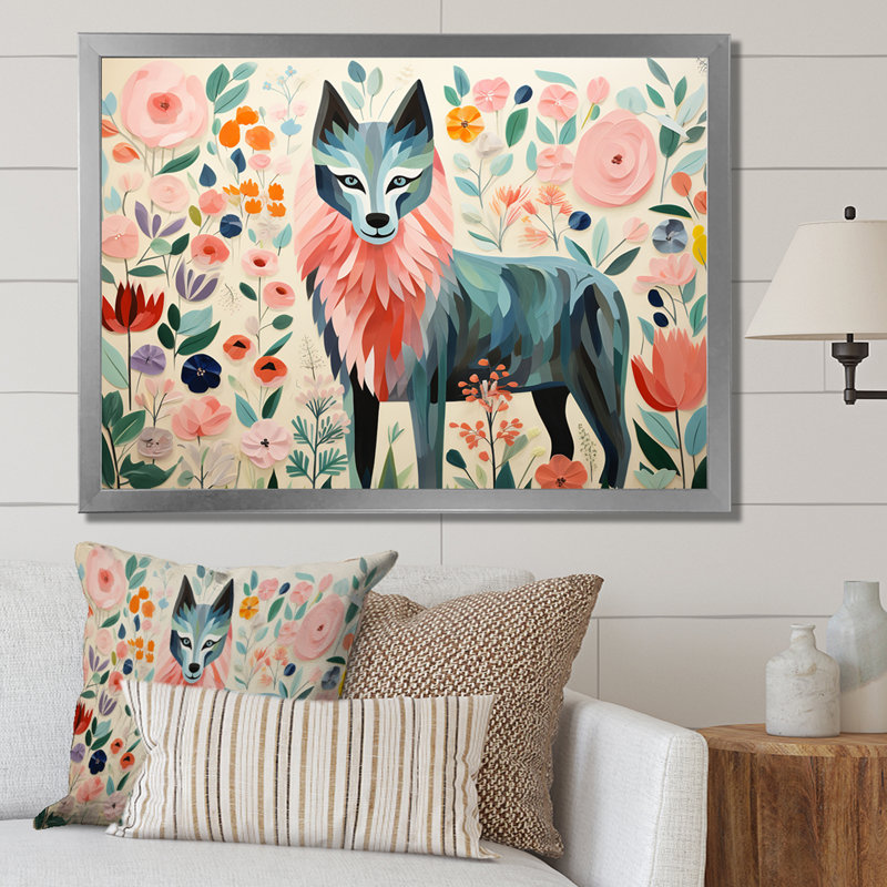 Rose et vert Boho Portrait VI - loup, art mural, Cadre de coin argenté fermé, H 24 po x l 32 po x P 1 po