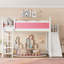 Grand lit mezzanine avec tablettes de rangement et garde-robe, structure en bois massif, glissière amovible, échelles, aucun sommier nécessaire, rose et blanc-667965446-667965447