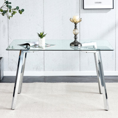 Table de salle à manger en verre trempé de 0,31 po de style rectangulaire minimaliste moderne pour 4 à 6 personnes, pieds en métal, bureau de salon, table de l 51 po x P 31 po avec verre et pieds