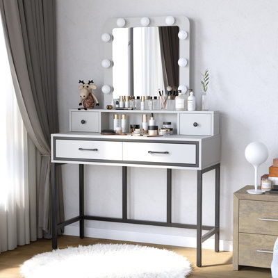 Vanity Desk with Mirror and Lights and 4 Drawers