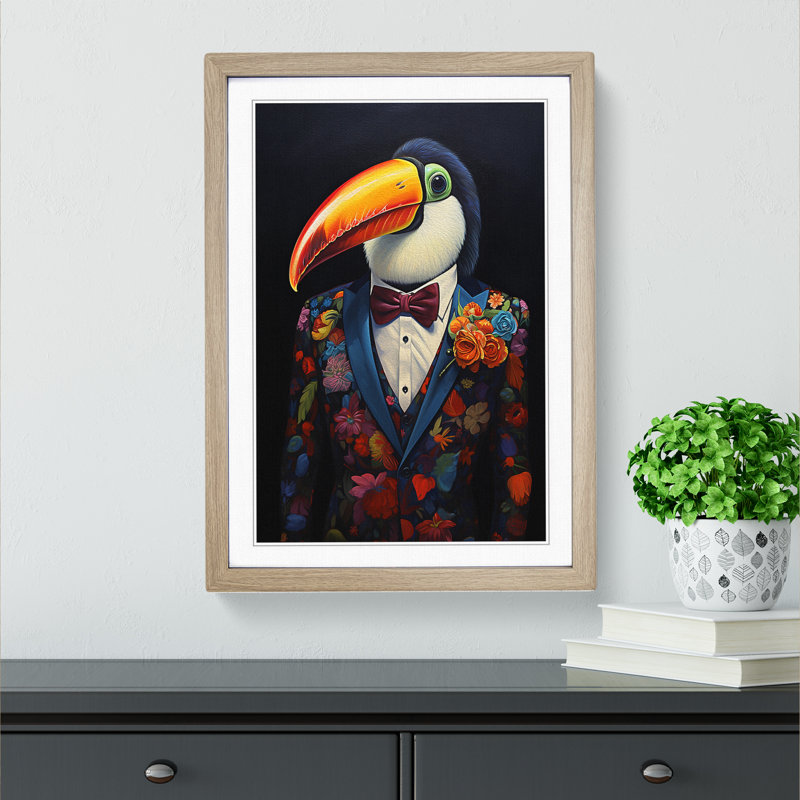 Toucan In A Suit - Single Picture Frame Print on Wood, 64cm H x 46cm W x 2cm D, Oak Framed