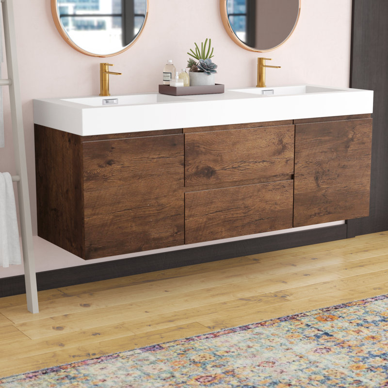 Mitul 58.75'' Double Bathroom Vanity with Acrylic Top, Rosewood